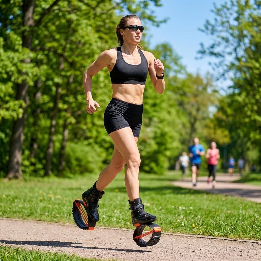 Runner using black jump shoes in a park
