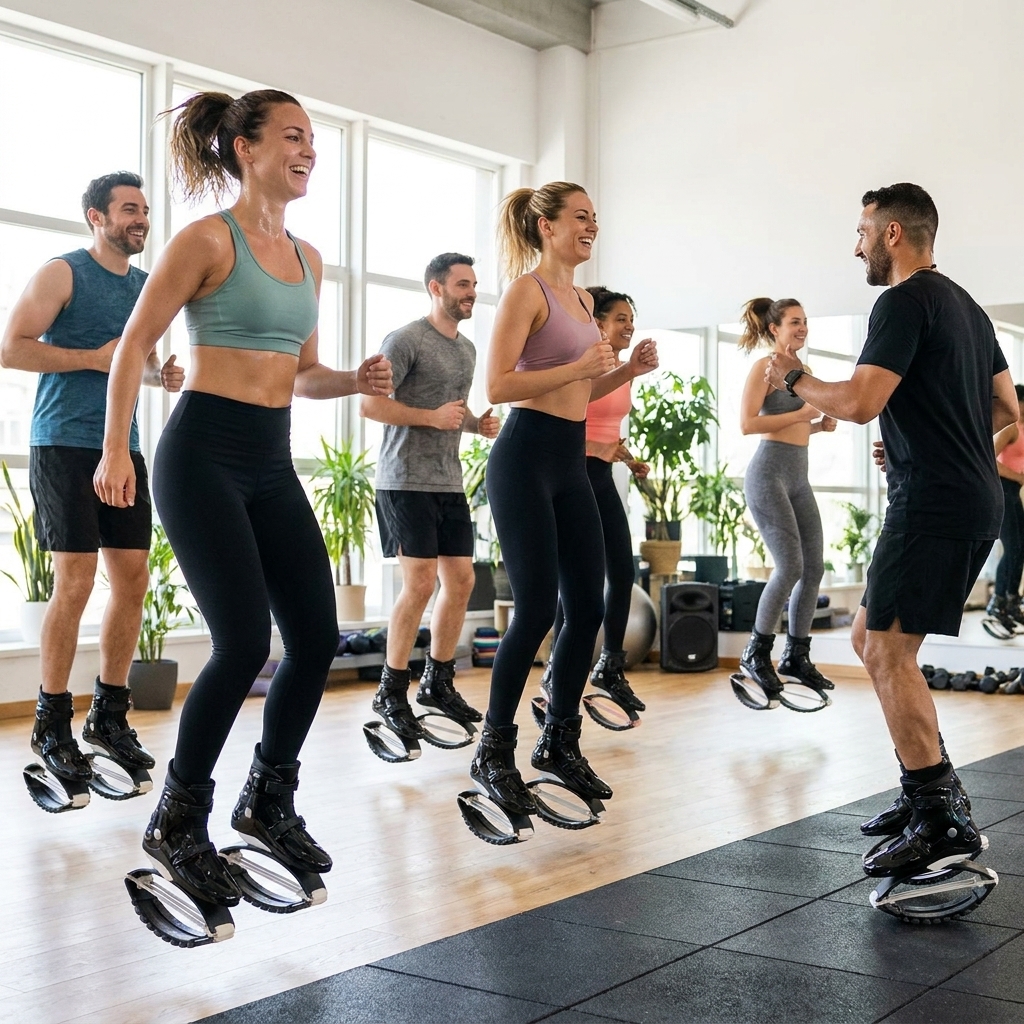 Indoor group using black jump shoes with an instructor