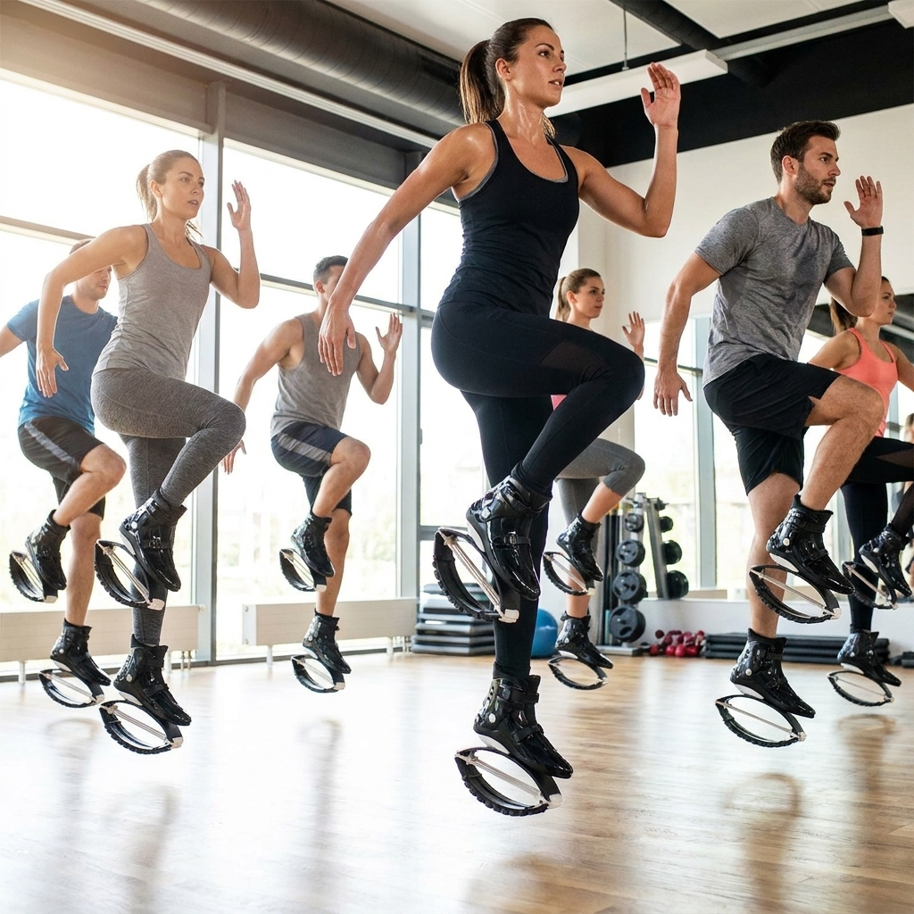 Group using black jump shoes inside a studio