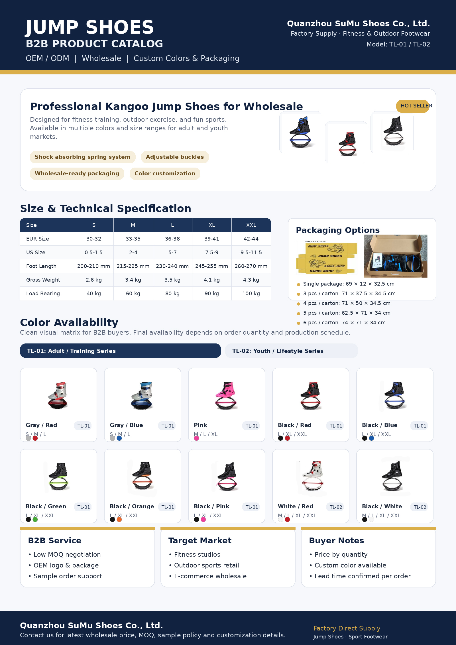TL-01 and TL-02 jump shoe size color and package catalog