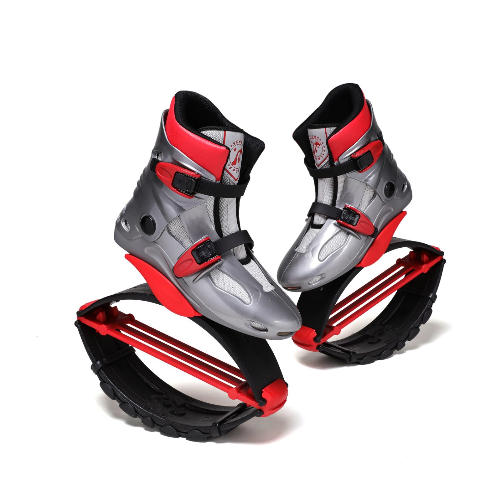 Real gray and red jump shoe top-angle detail for specification and sample approval